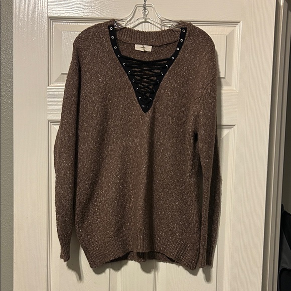 Entro Sweaters - Entro Brown V-Neck Lace-Up Sweater